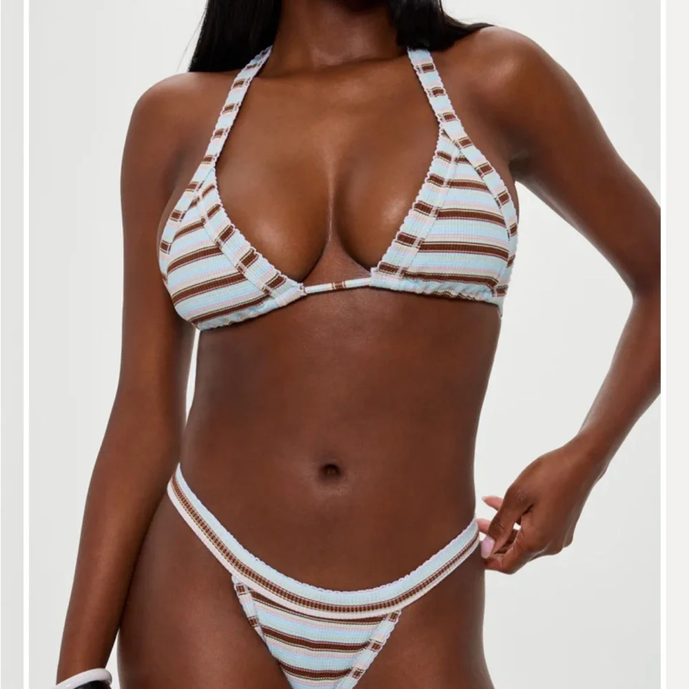Frankie's Bikinis Light Blue & Brown Striped Triangle Bikini Set (Verona Stripe)